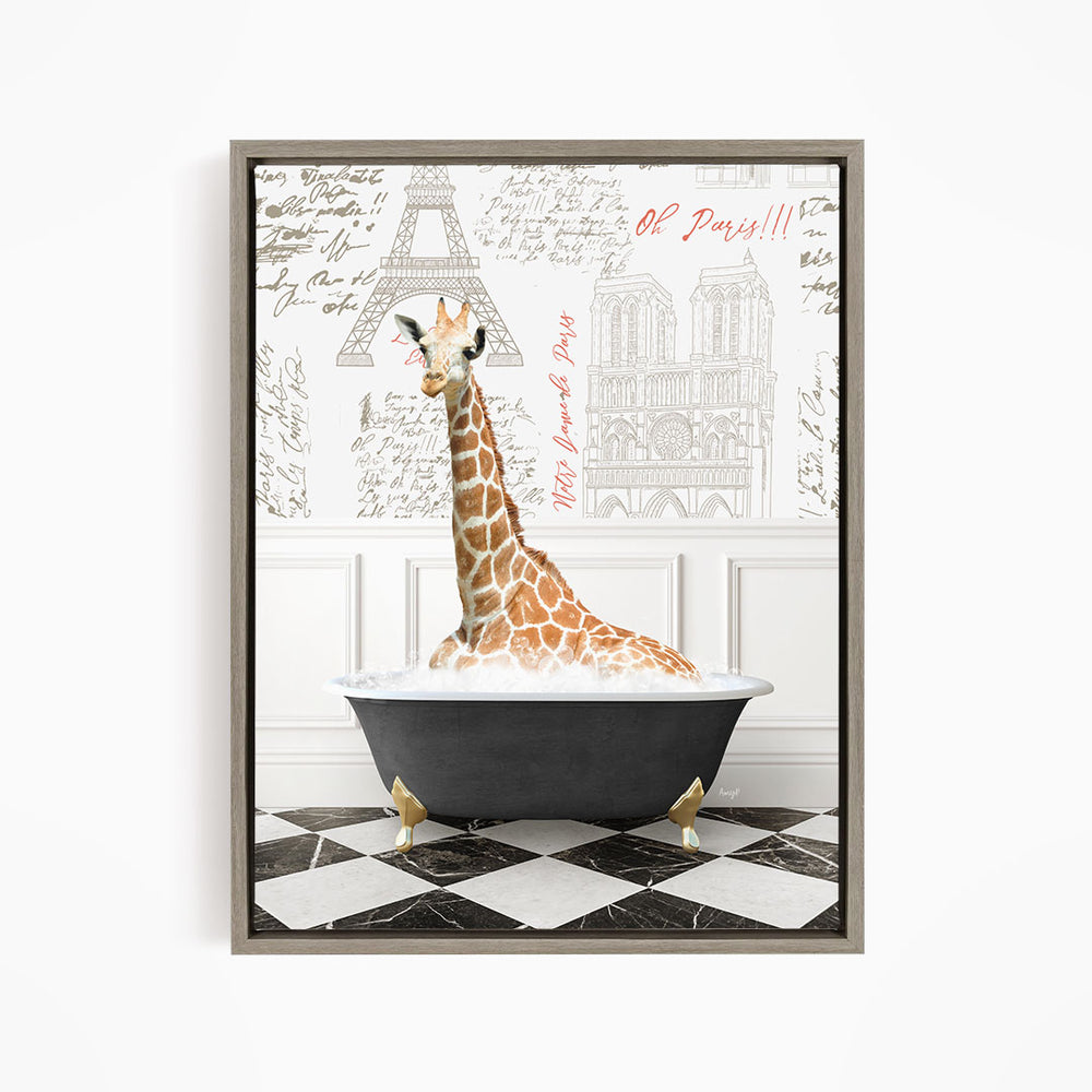 A giraffe sitting in a bathtub filled with water, surrounded by a checkered floor and a wall with the Eiffel Tower and other Parisian landmarks.
