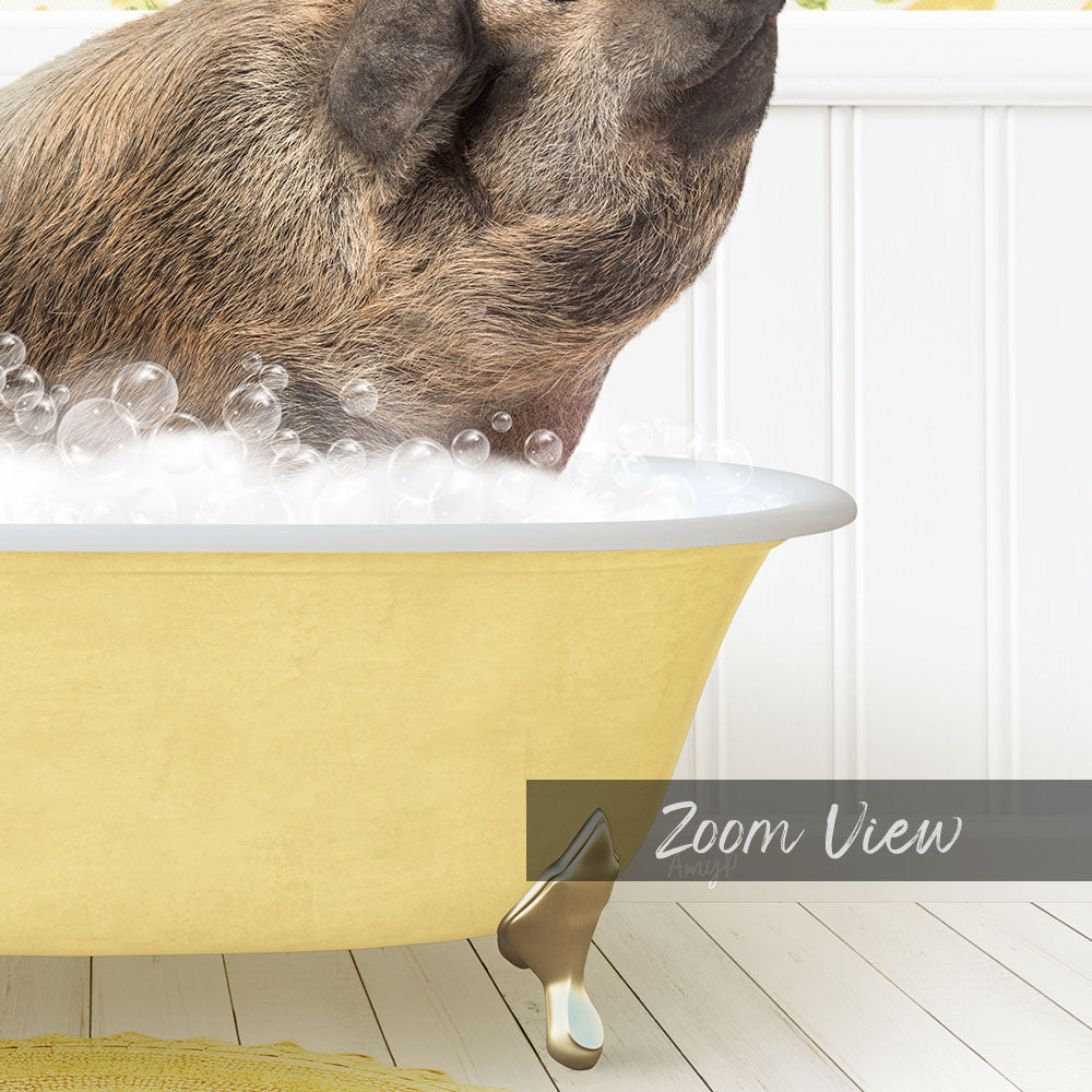 A pig is sitting in a yellow bathtub filled with bubbles, enjoying a bath.
