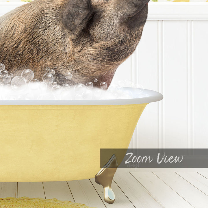 A pig is sitting in a yellow bathtub filled with bubbles, enjoying a bath.