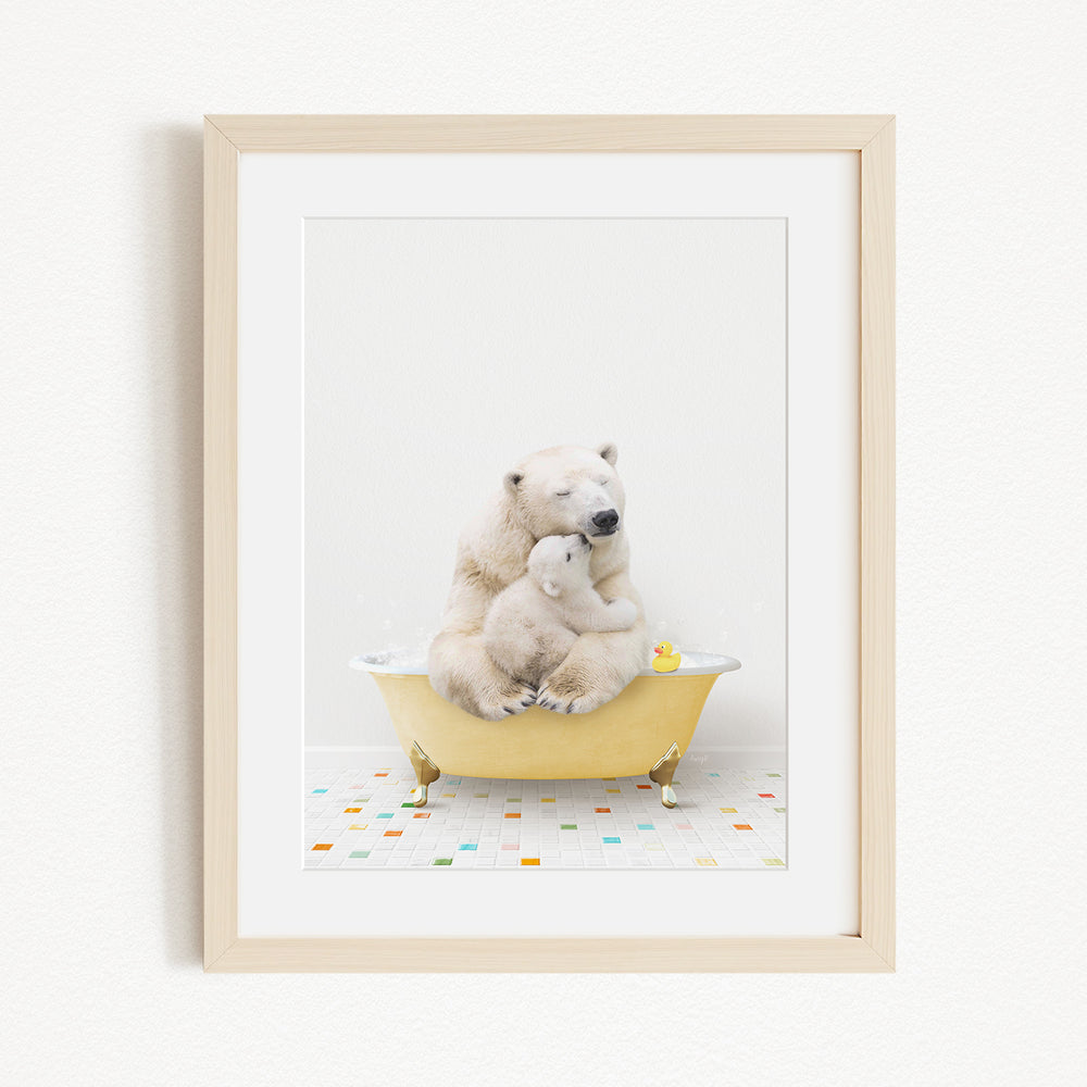 A polar bear and a cub are sitting together in a yellow bathtub, with a rubber duck floating nearby.