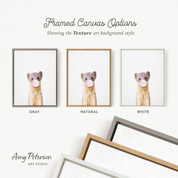 three framed canvas options, each with a different background color: gray, natural, and white. The text above the options reads " Framed Canvas Options" and "Showing the Texture art background style." The text below the options reads "Grays," "NATURAL," and "WHITE." The artist's name, Amy Peterson, is also mentioned at the bottom of the image.