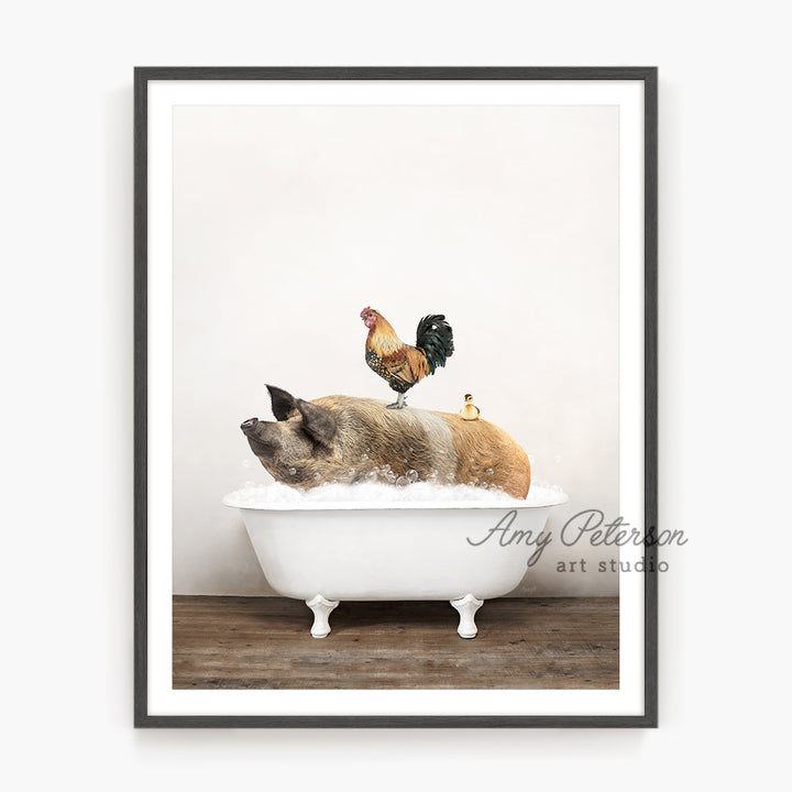 a dog taking a bath in a bathtub with chickens on top of it