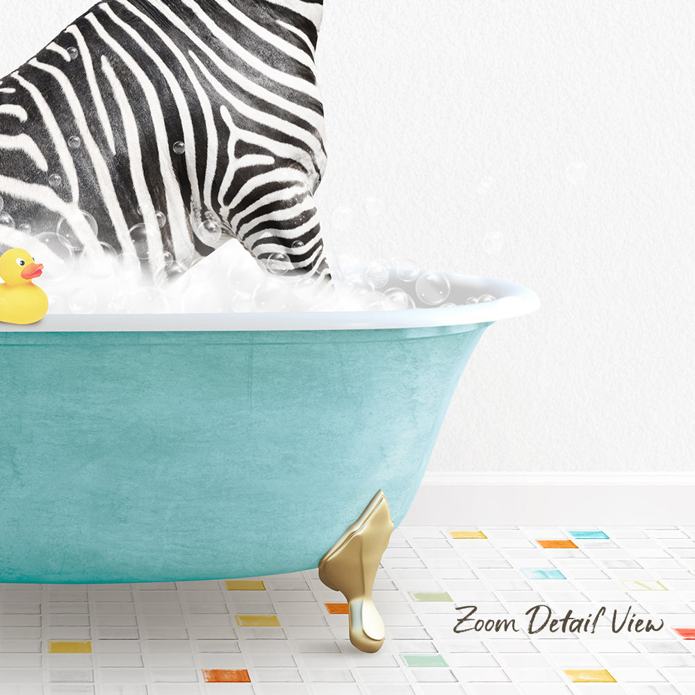 A zebra is standing in a blue bathtub filled with bubbles, with a rubber duck floating nearby.