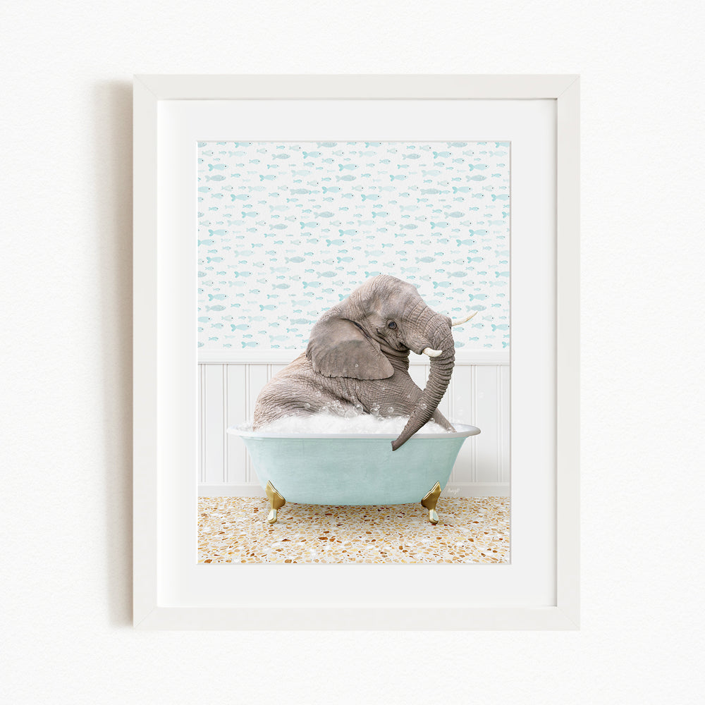 A gray elephant is sitting in a light blue bathtub filled with bubbles, surrounded by a patterned wall and a beige floor.