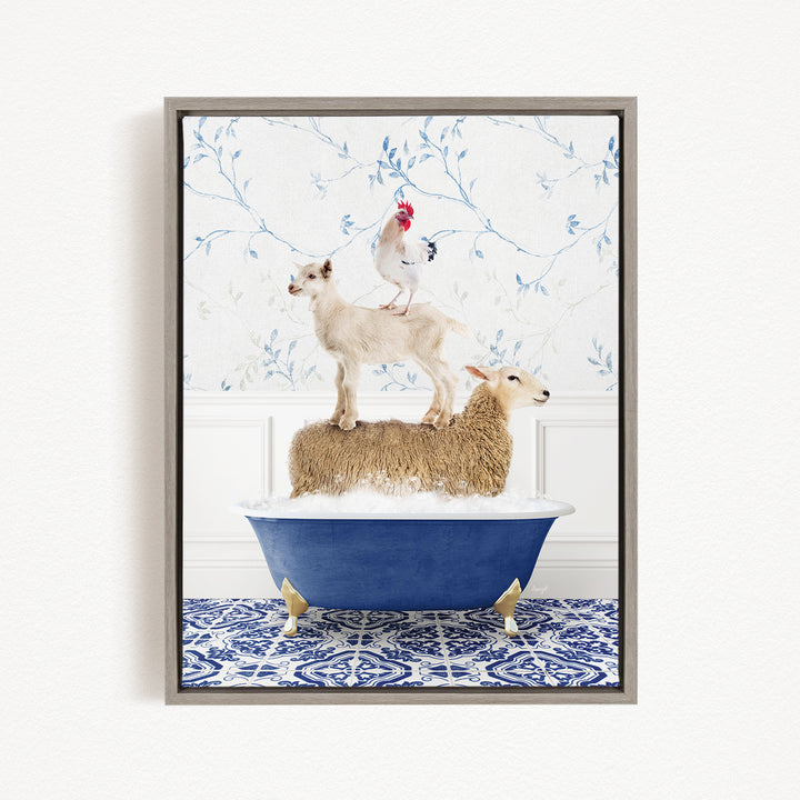 A framed image depicting a sheep standing on a tub filled with water, with a chicken perched on top of it.