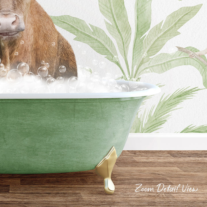 A green bathtub filled with bubbles, with a cow's head peeking out from the tub, against a backdrop of a tropical plant wall.