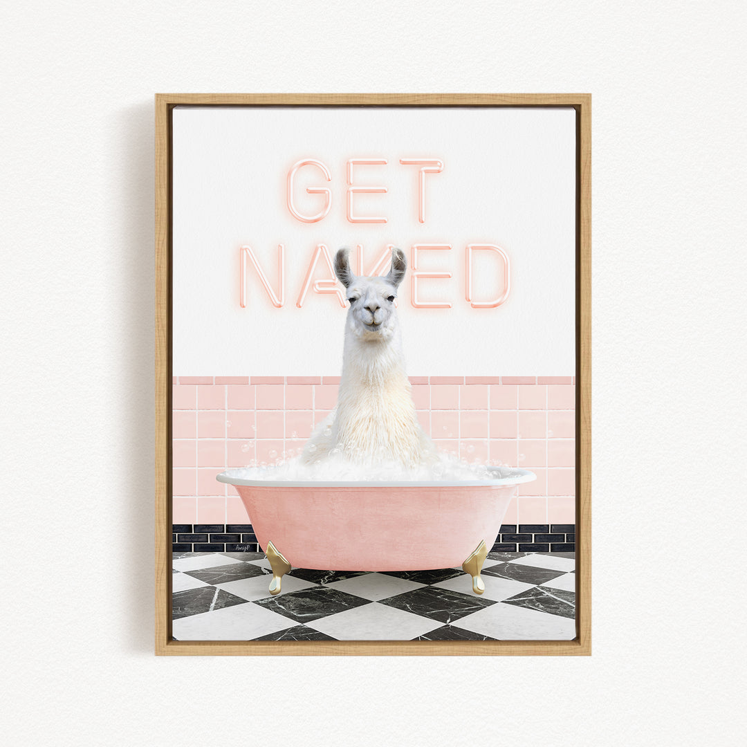 A white llama sitting in a pink bathtub with the text "GET NAKED" displayed above it.