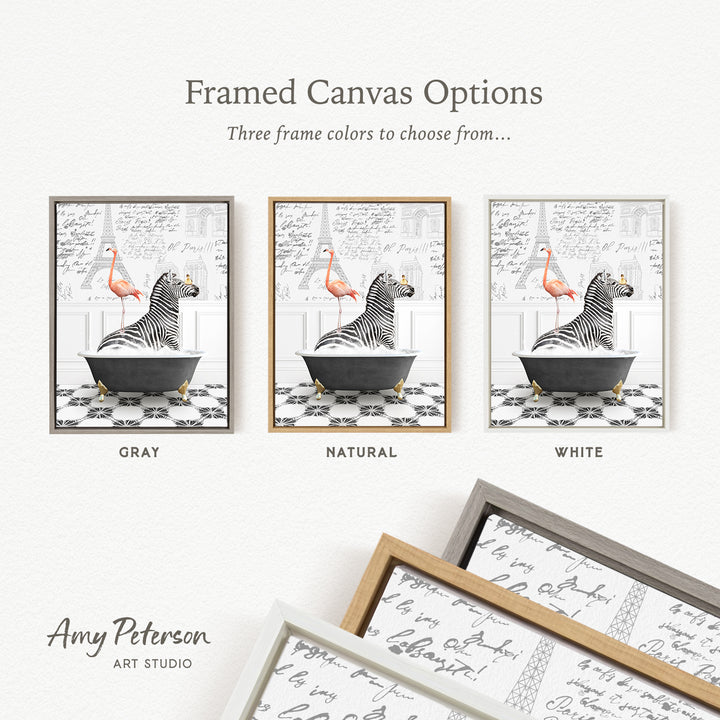 The image is a framed canvas option featuring three different color options for a painting of a zebra and a flamingo in a bathtub.
