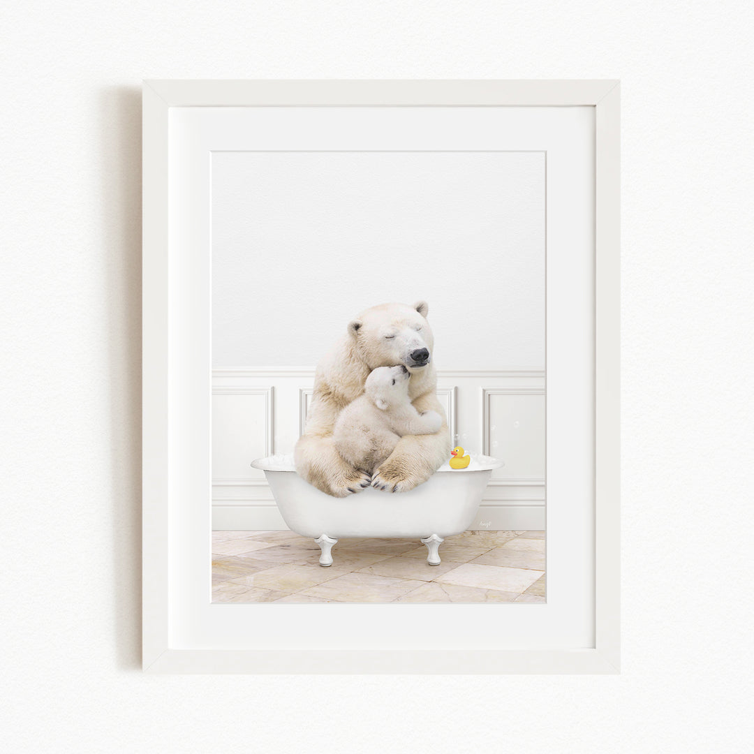 A mother polar bear and her cub cuddling in a white bathtub, with a yellow rubber duck floating in the water.