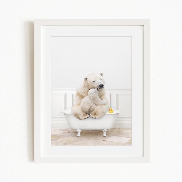 A mother polar bear and her cub cuddling in a white bathtub, with a yellow rubber duck floating in the water.