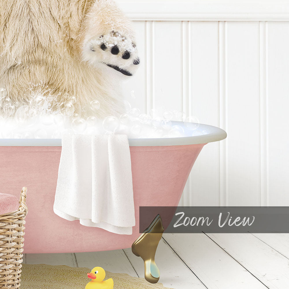 A pink bathtub filled with bubbles, with a dog standing in it and a rubber duck nearby.