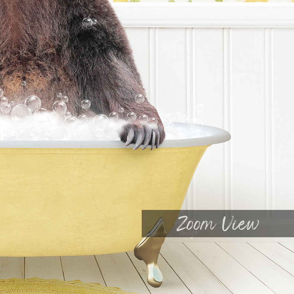 A close-up of a bear's paw in a yellow bathtub filled with bubbles, with the text "Zoom View" overlaid on the image.