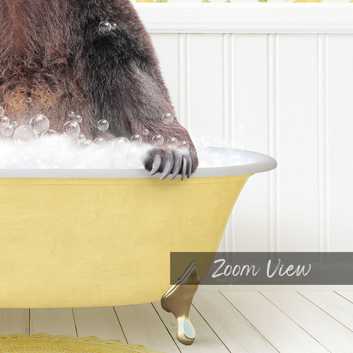 A close-up of a bear's paw in a yellow bathtub filled with bubbles, with the text "Zoom View" overlaid on the image.