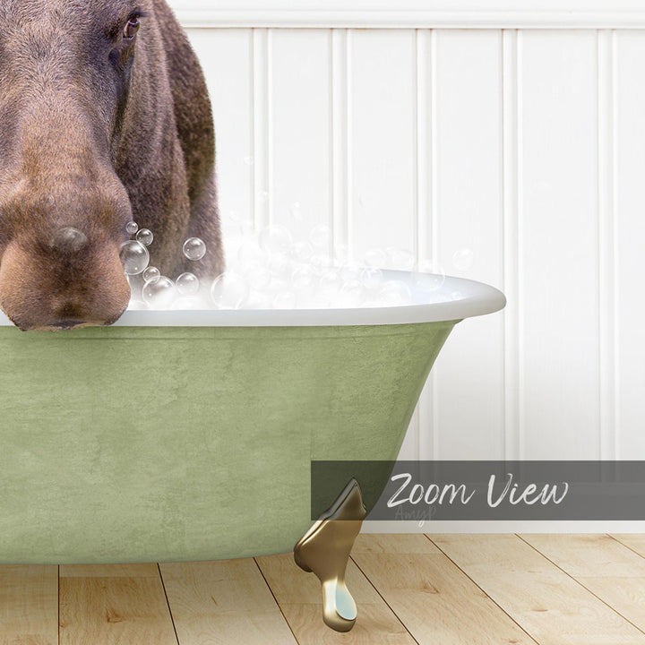 A close-up of a dog's face peeking out of a green bathtub filled with bubbles, with a white wall and wooden floor in the background.