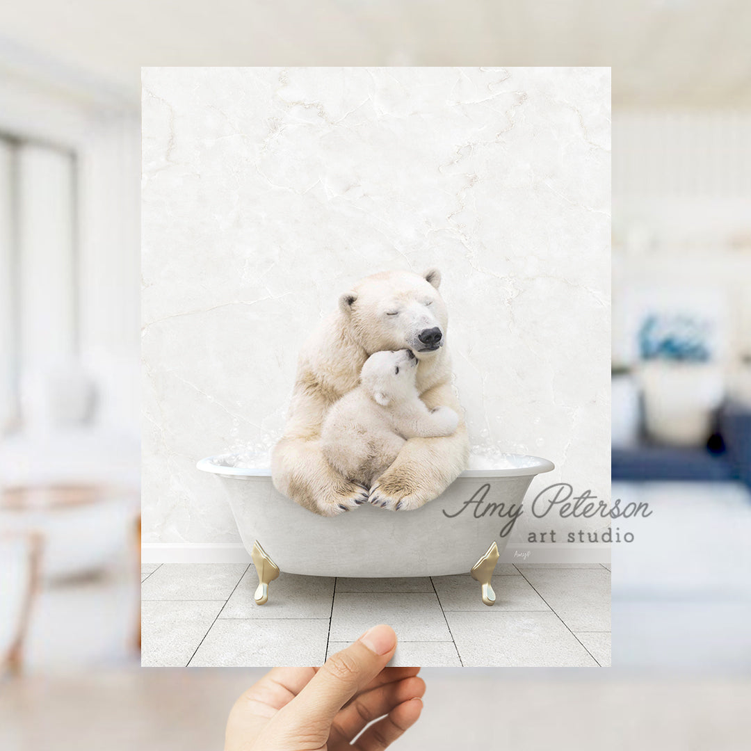 a hand holding a polar bear in a bathtub