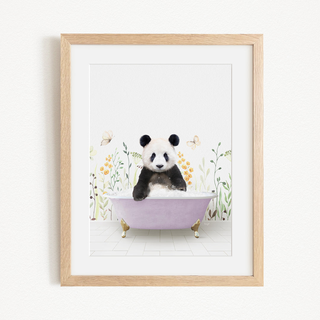 A panda bear sitting in a purple bathtub surrounded by flowers and butterflies.