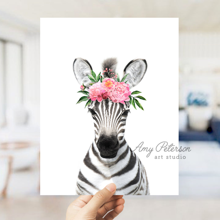 a zebra with a flower crown on its head