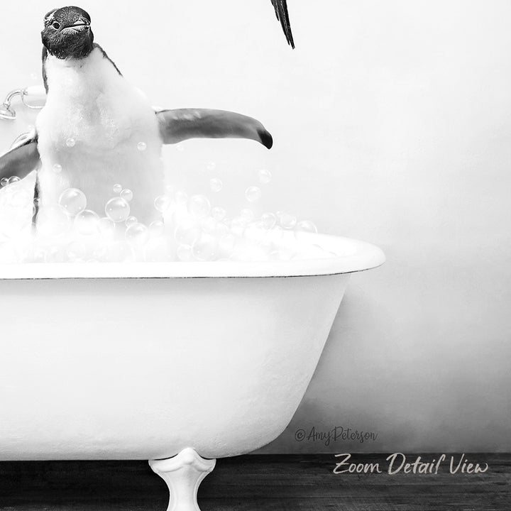 A penguin standing in a bathtub filled with bubbles, enjoying a bath.