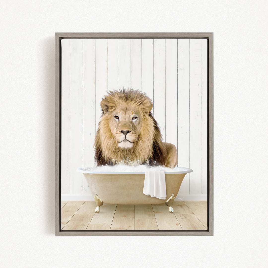 A lion sitting in a bathtub filled with water, with a towel draped over the side of the tub.