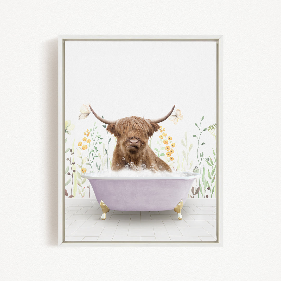 A brown cow with horns is sitting in a purple bathtub filled with bubbles, surrounded by flowers and plants.