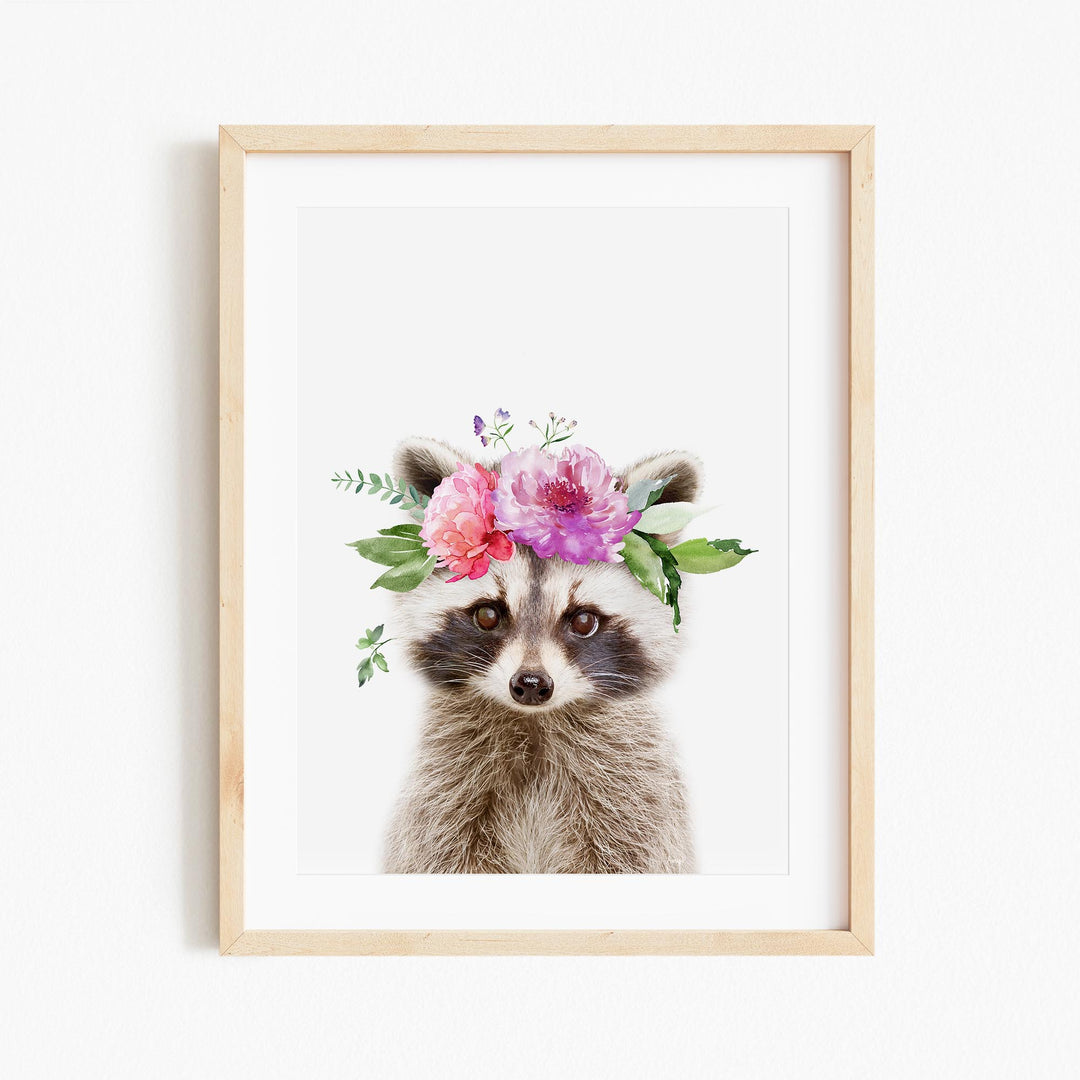 a picture of a raccoon wearing a flower crown