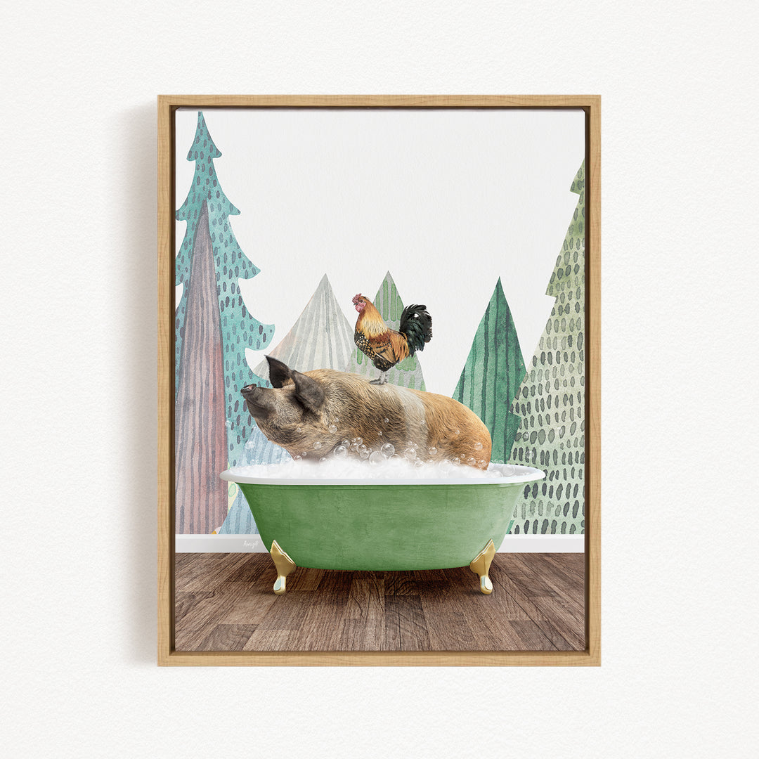 A pig is sitting in a green bathtub, surrounded by a rooster and pine trees, creating a whimsical and playful scene.