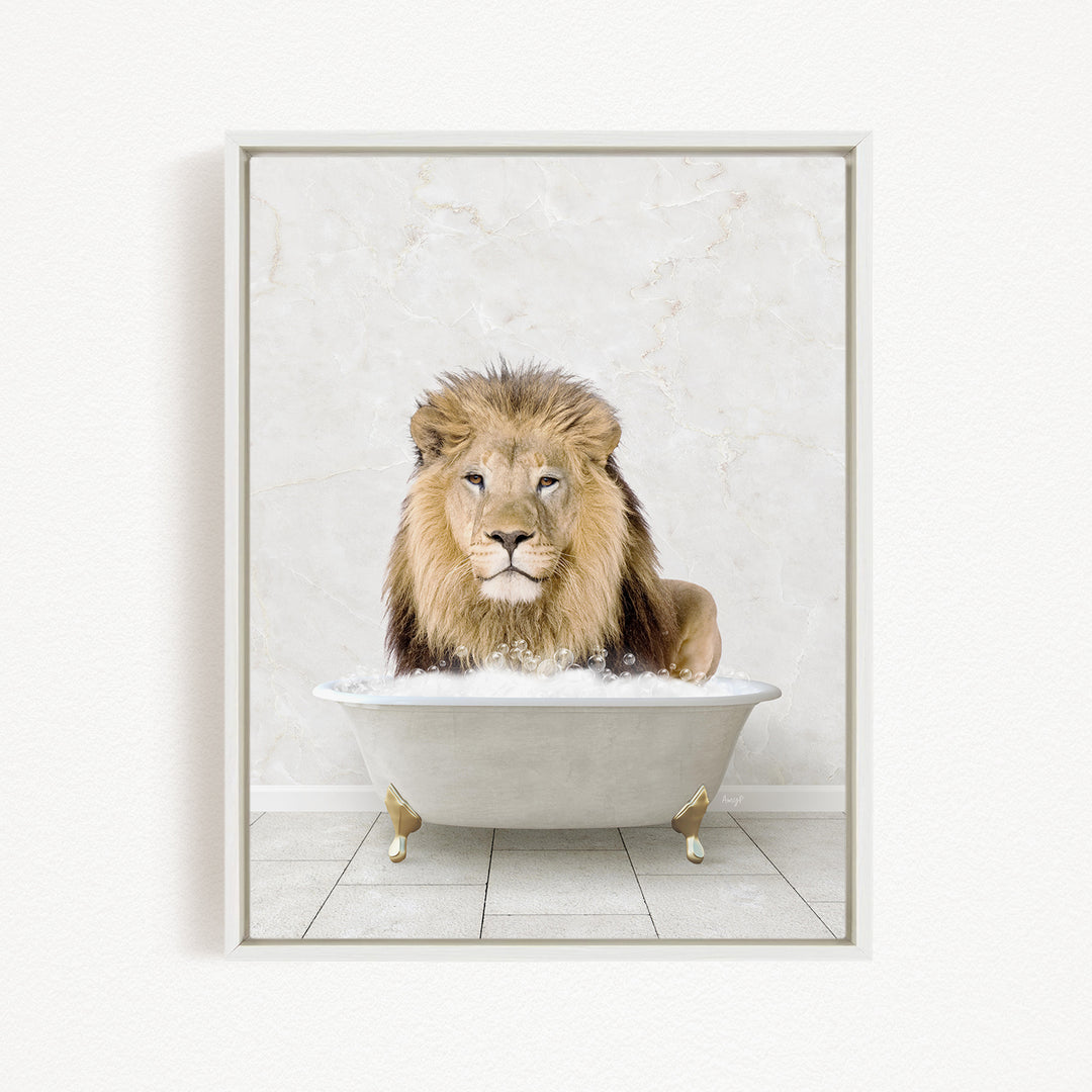 A lion sitting in a white bathtub filled with water, creating a whimsical and playful scene.