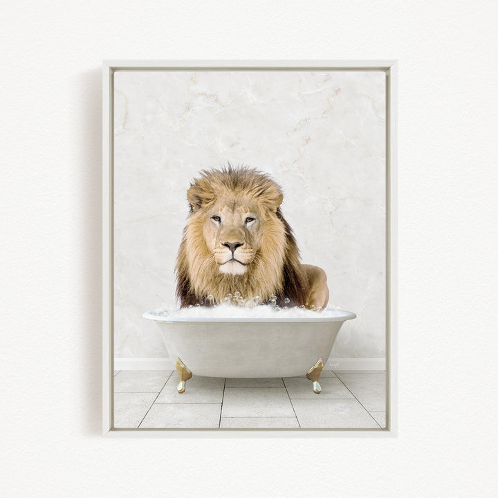 A lion sitting in a white bathtub filled with water, creating a whimsical and playful scene.