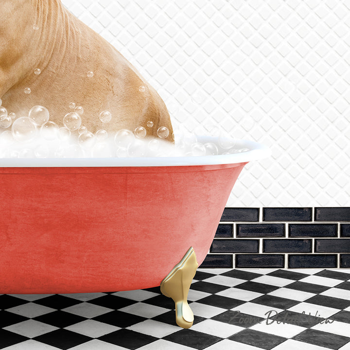 A red bathtub filled with bubbles, with a dog sitting inside and enjoying the bath.
