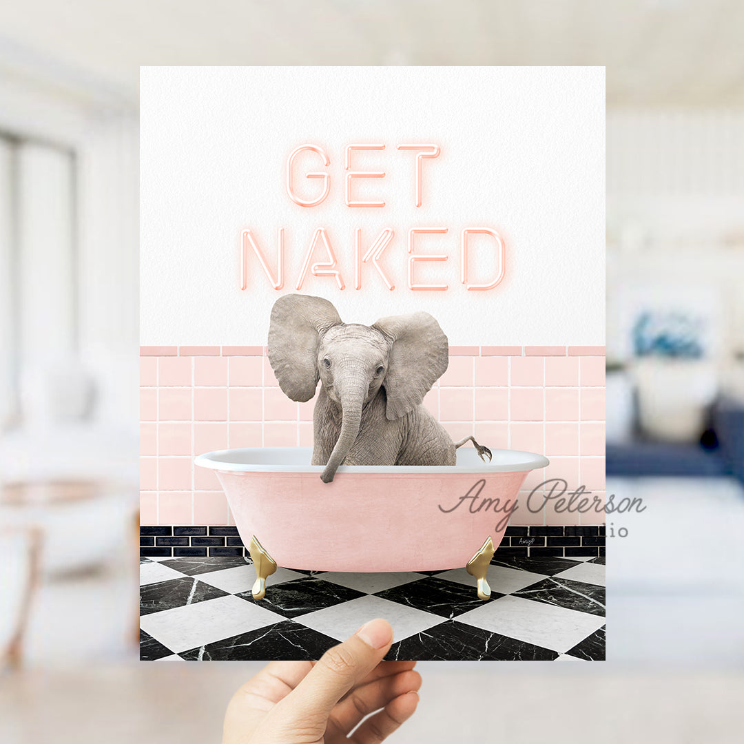 a person holding up a card with an elephant in a bathtub