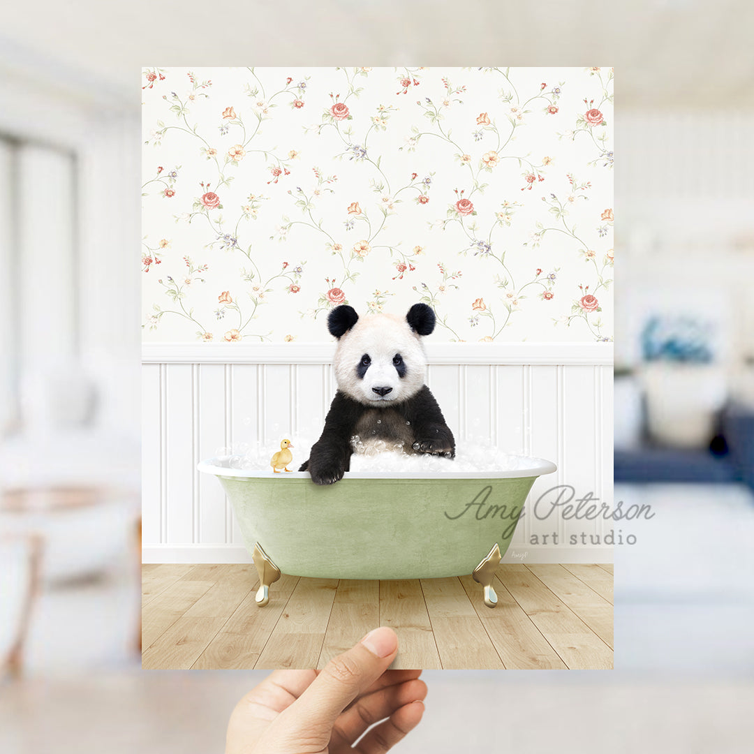 a panda bear sitting in a bath tub