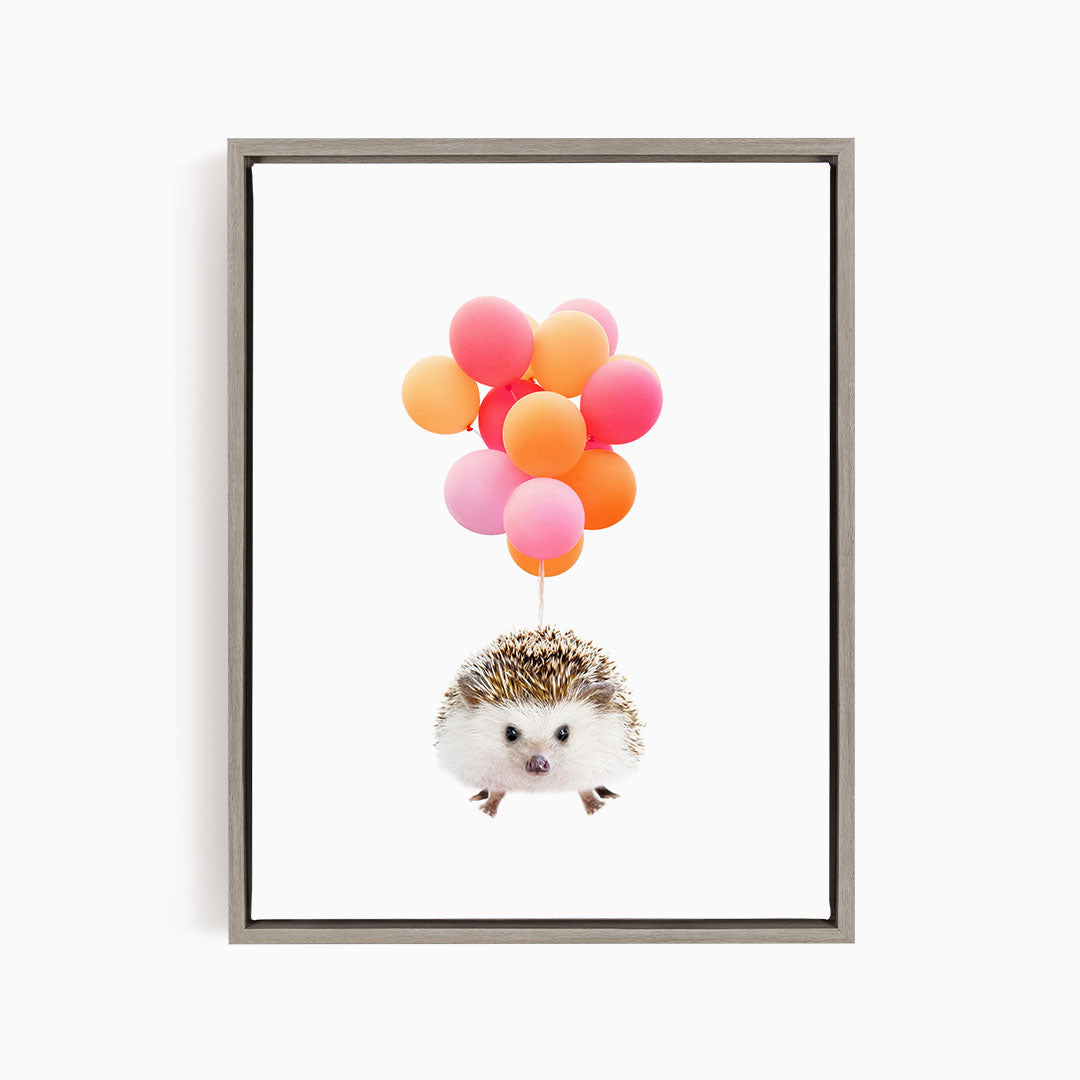 A cute hedgehog is floating in the air, surrounded by a bunch of colorful balloons.