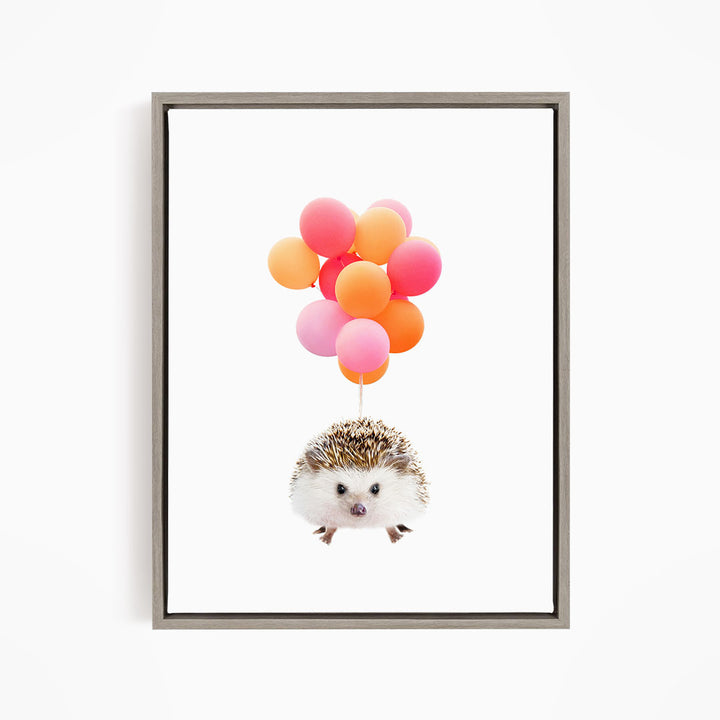 A cute hedgehog is floating in the air, surrounded by a bunch of colorful balloons.