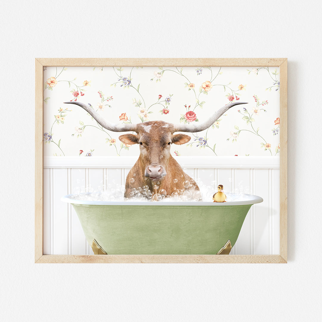 a cow is sitting in a bathtub with flowers on the wall