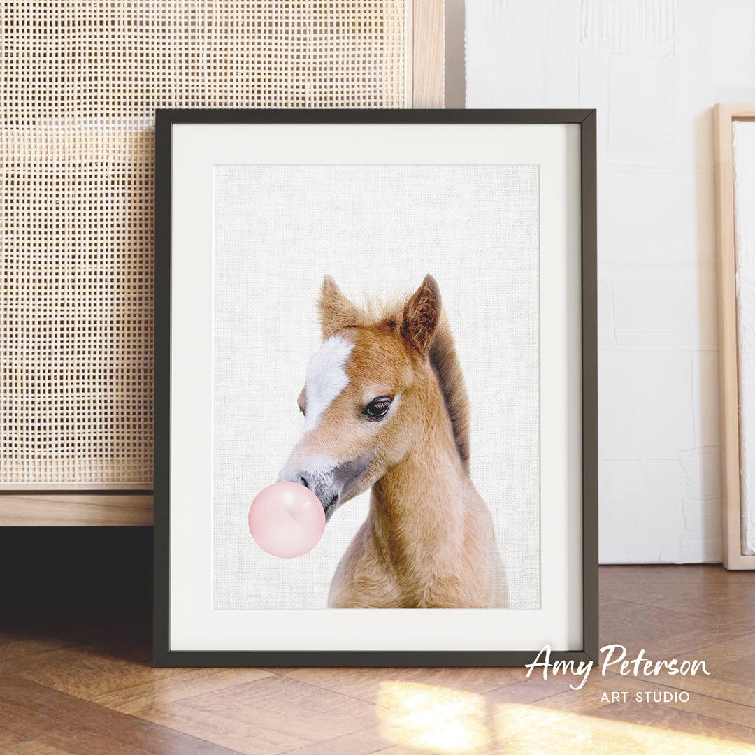 A framed photograph of a young horse blowing a bubble gum bubble.