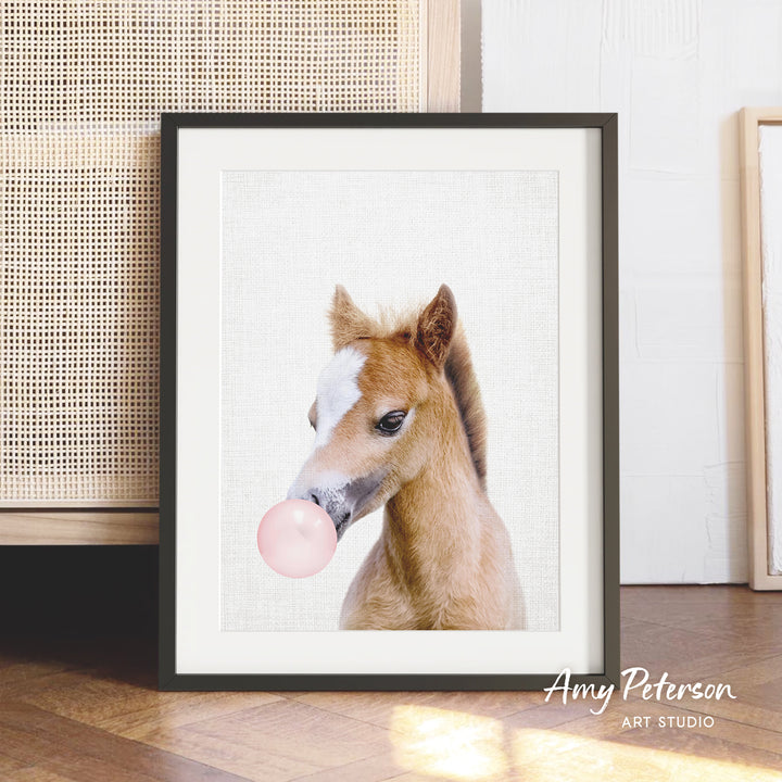 A framed photograph of a young horse blowing a bubble gum bubble.
