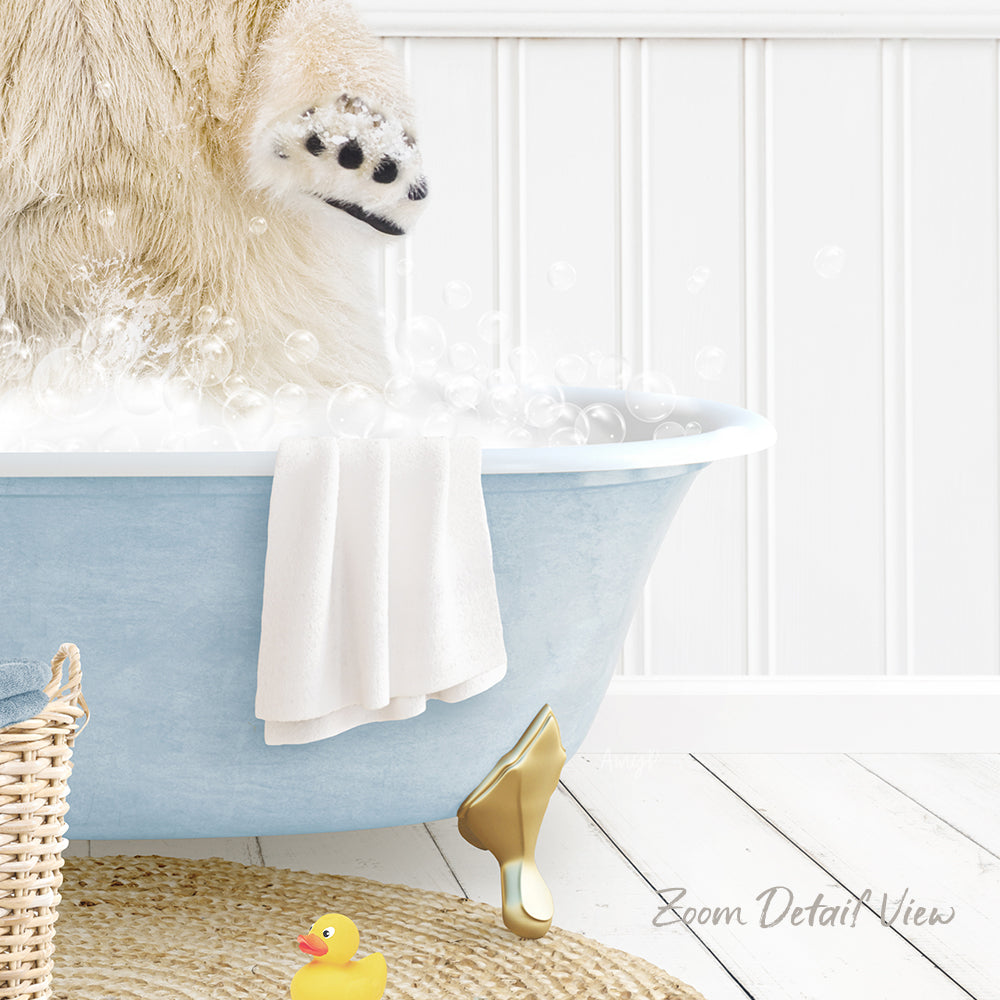A polar bear is standing in a blue bathtub filled with bubbles, surrounded by a yellow rubber duck and a white towel.