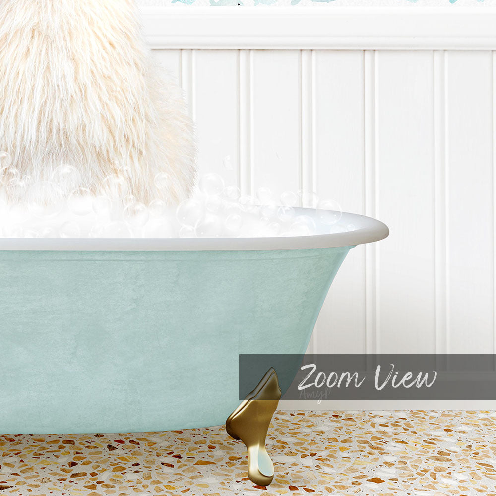 A fluffy white cat is sitting in a light blue bathtub filled with bubbles, with a gold bathtub leg visible.
