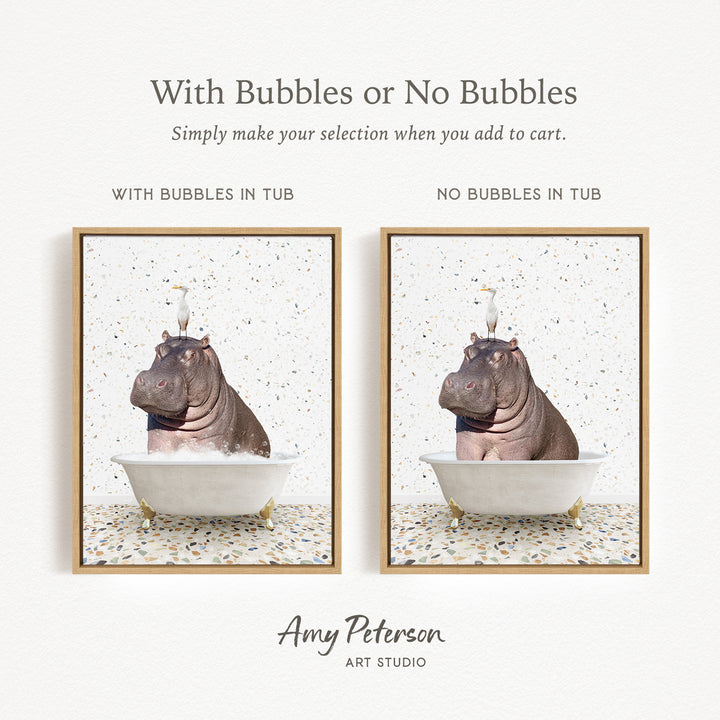 The image is a collage of two pictures featuring a hippopotamus sitting in a tub. The text above the images reads "With Bubbles or No Bubbles" and below the images, it says "Simply make your selection when you add to cart."