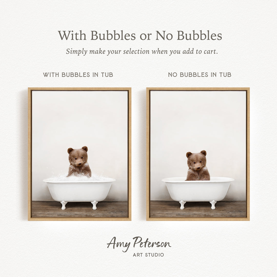 The image is a collage of two pictures featuring a teddy bear sitting in a bathtub. The teddy bear is sitting in a tub with bubbles, and the other tub is empty. The collage is titled "With Bubbles or No Bubbles" and is created by Amy Peterson from Art Studio.