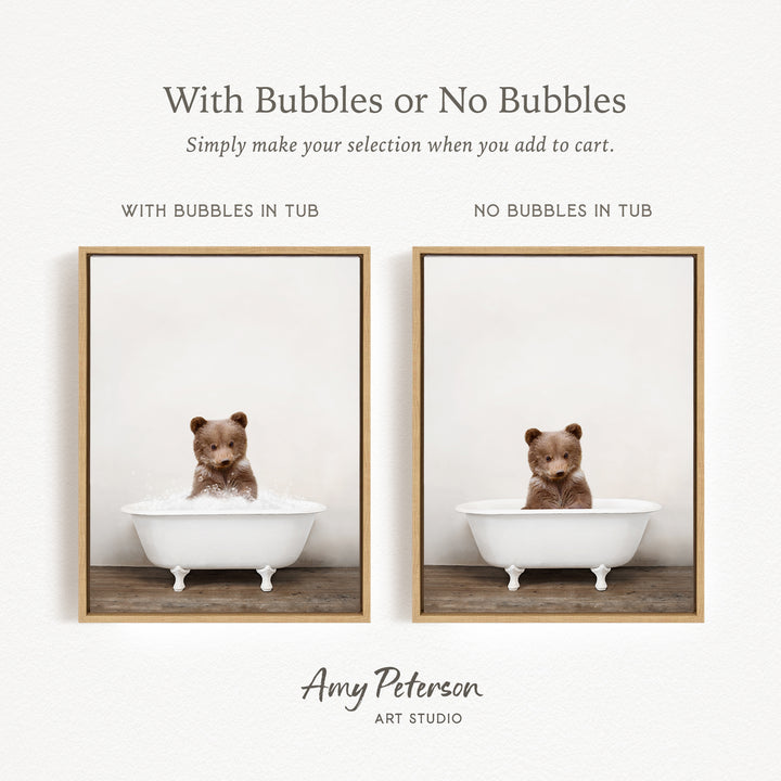 The image is a collage of two pictures featuring a teddy bear sitting in a bathtub. The teddy bear is sitting in a tub with bubbles, and the other tub is empty. The collage is titled "With Bubbles or No Bubbles" and is created by Amy Peterson from Art Studio.