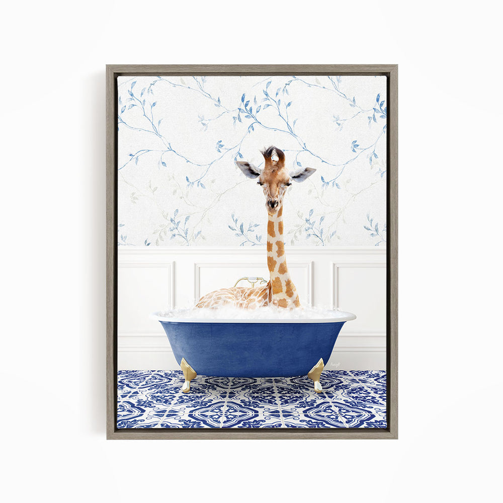 A giraffe sitting in a blue bathtub filled with water, surrounded by a patterned tile floor.