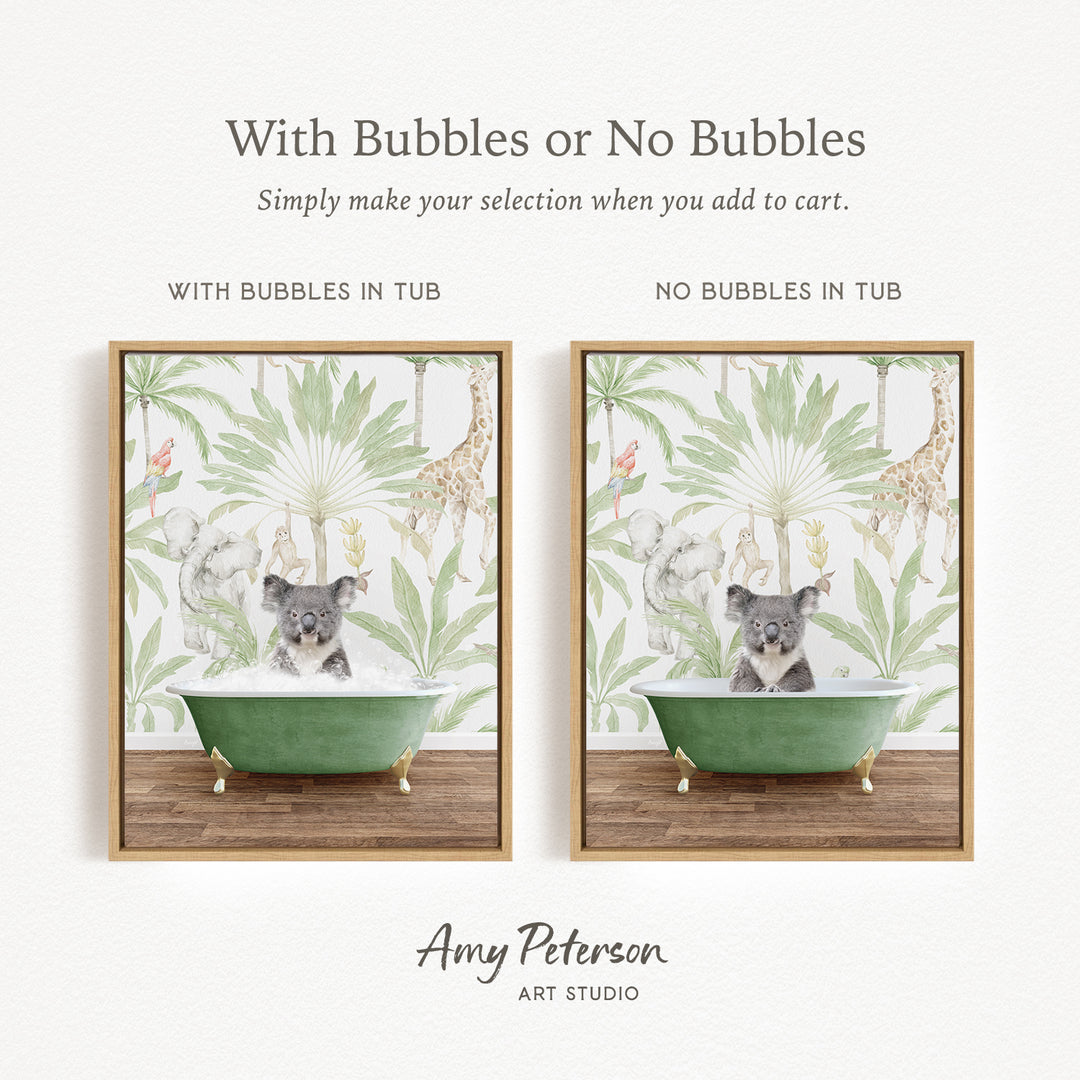 The image is a collage of two pictures, each featuring a koala bear sitting in a bathtub. The koala bear is surrounded by a tropical jungle scene, which includes palm trees, a bird, and other animals. The collage includes a green bathtub and a wooden floor, creating a serene and relaxing atmosphere.