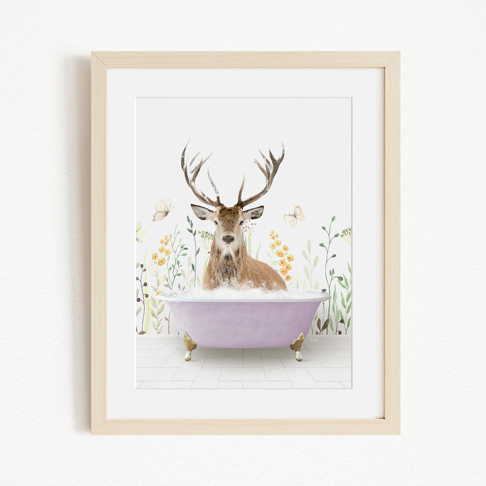 A deer with antlers is sitting in a purple bathtub, surrounded by flowers and butterflies.