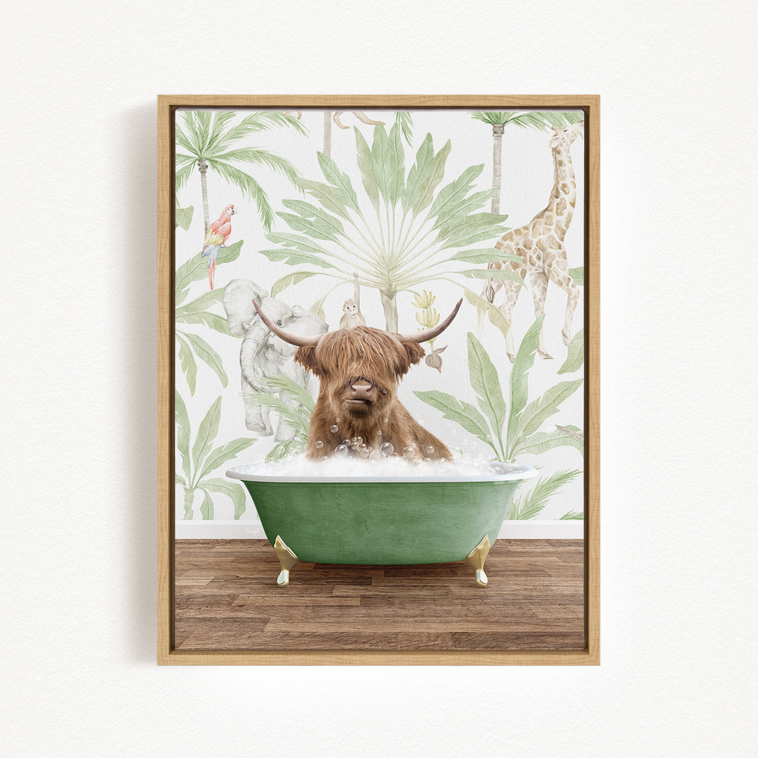A brown cow is sitting in a green bathtub, surrounded by tropical foliage and animals, creating a whimsical and playful scene.