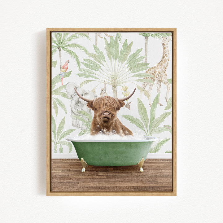A brown cow is sitting in a green bathtub, surrounded by tropical foliage and animals, creating a whimsical and playful scene.