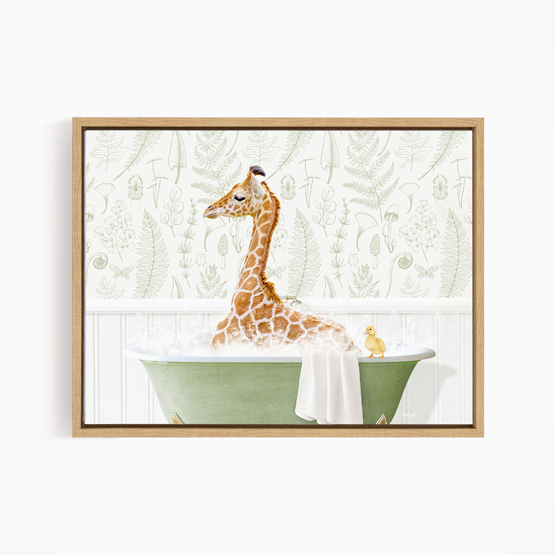 A giraffe sitting in a green bathtub, with a yellow duck nearby, against a backdrop of green ferns and leaves.