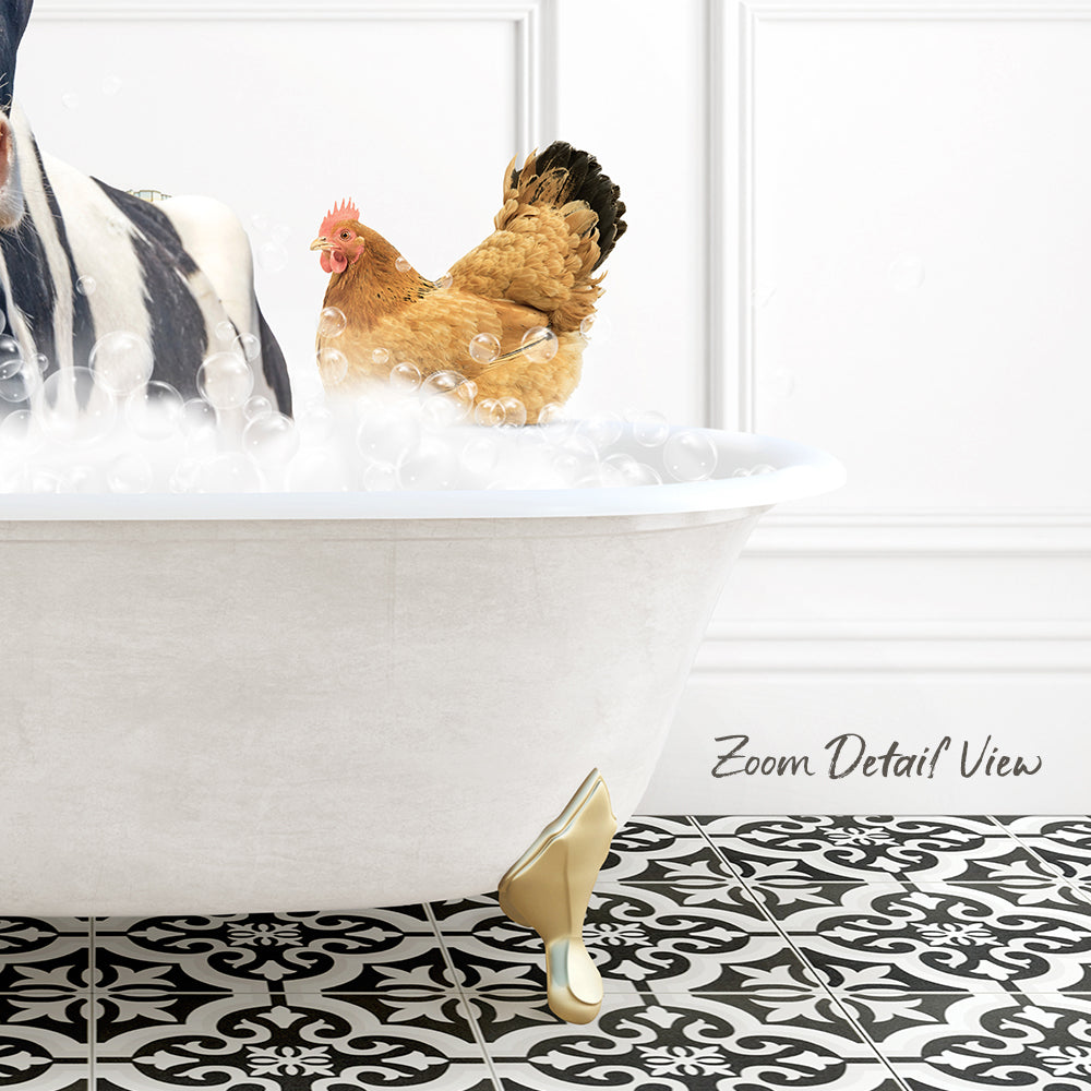 A white bathtub filled with bubbles, with a chicken standing on the edge of the tub.