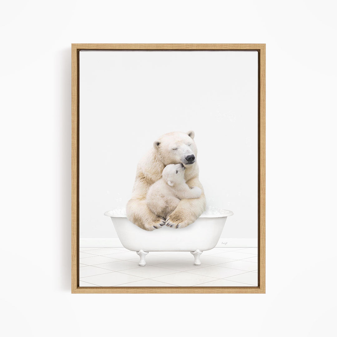 A polar bear and its cub sitting together in a bathtub.