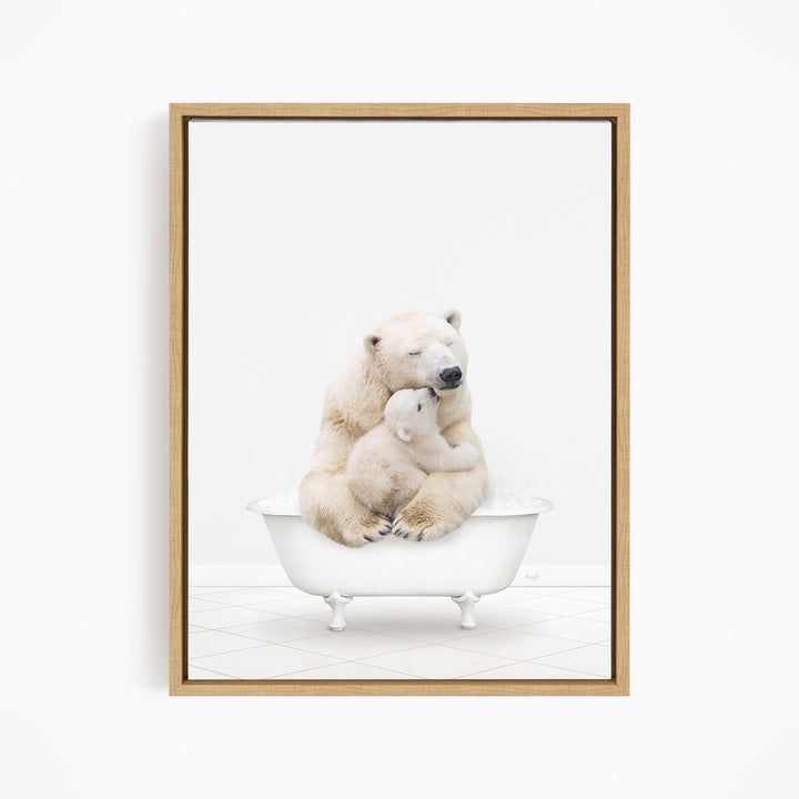 A polar bear and its cub sitting together in a bathtub.